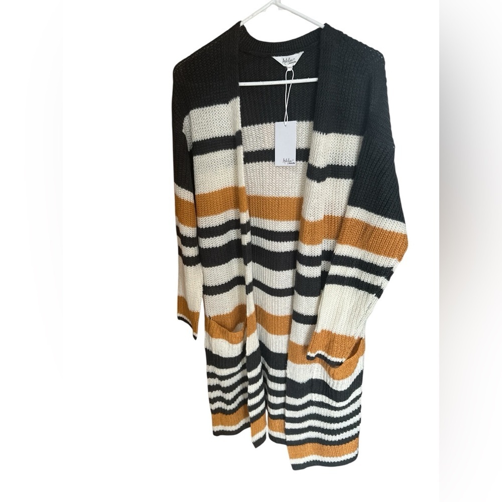 Amaryllis Striped Cardigan in Charcoal, White, and Brown